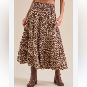 Altar’d State Ruth floral Midi A Line Skirt Chocolate Brown Pink Cream M